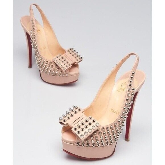 Louboutin Nude Leather Clou Spikes Studded Designer Platform Slingbacks Pumps 37 - Picture 4 of 13